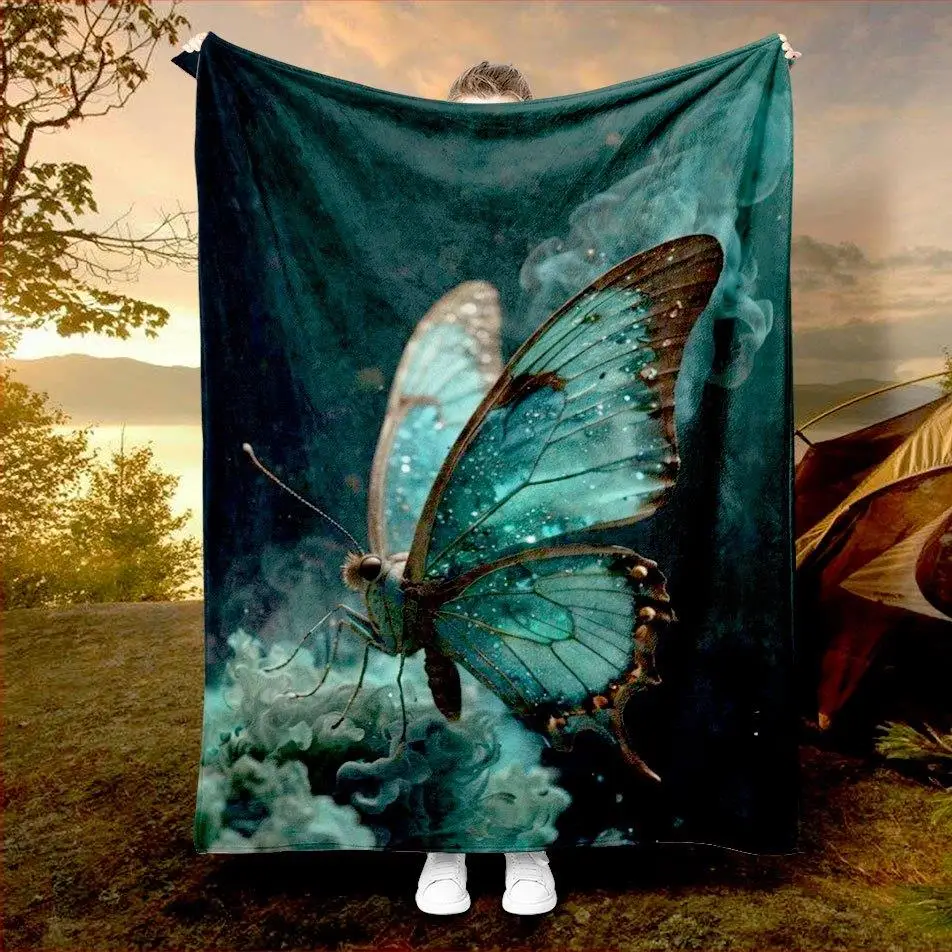 Bright green butterfly design Flannel printed blanket suitable for all seasons suitable for living room office sofa and travel