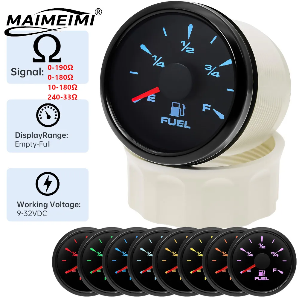 Universal Waterproof 52mm Fuel Level Gauge 0-190ohm 240-33ohm Signal Adjustable with 8 Colors Backlight Fit Car Boat Yacht 9-32V