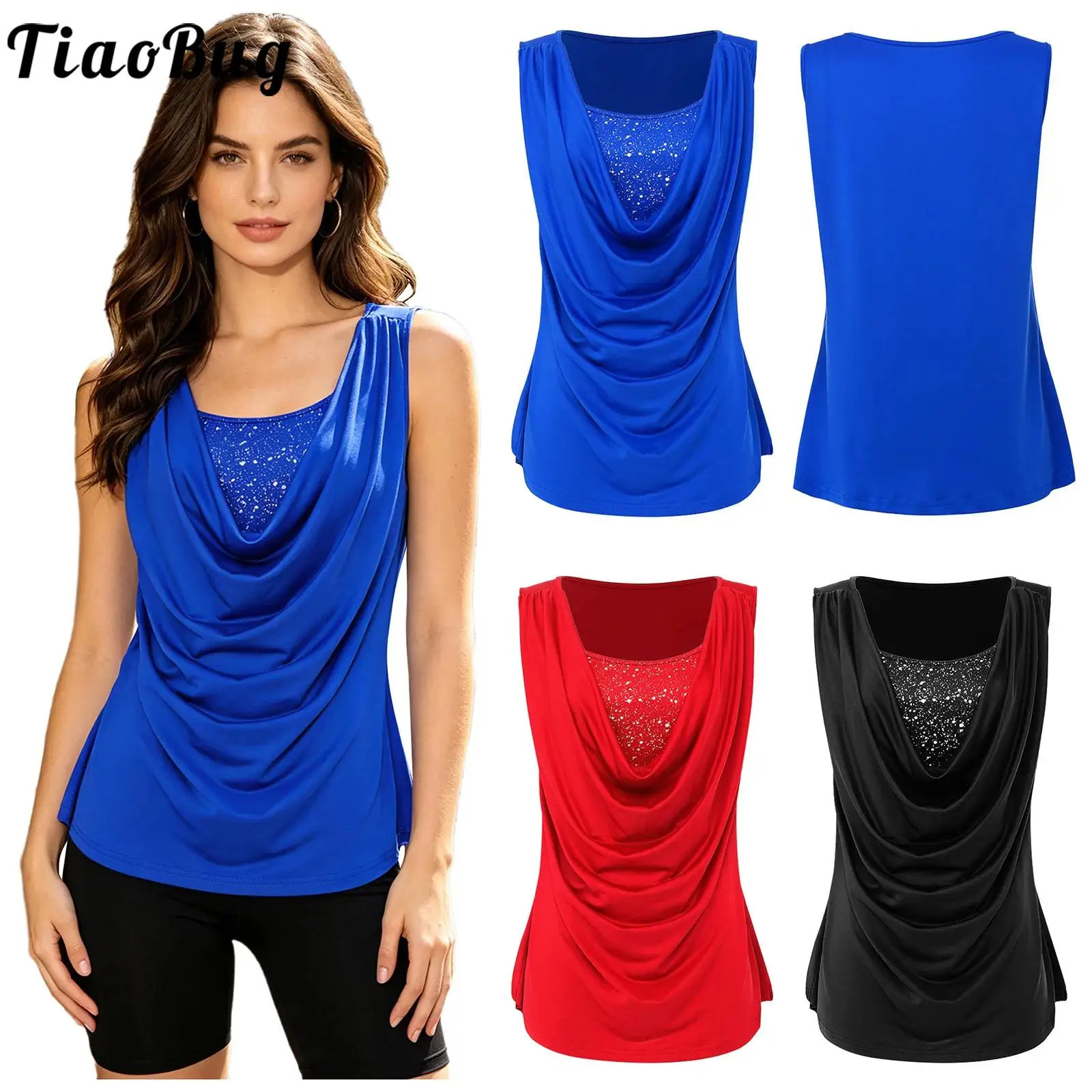 Women Cowl Neck Tank Top Vest Sleeveless Front Metallic Shiny Printed Layer Draped Ruched Stretchy Blouse for Office Work Party
