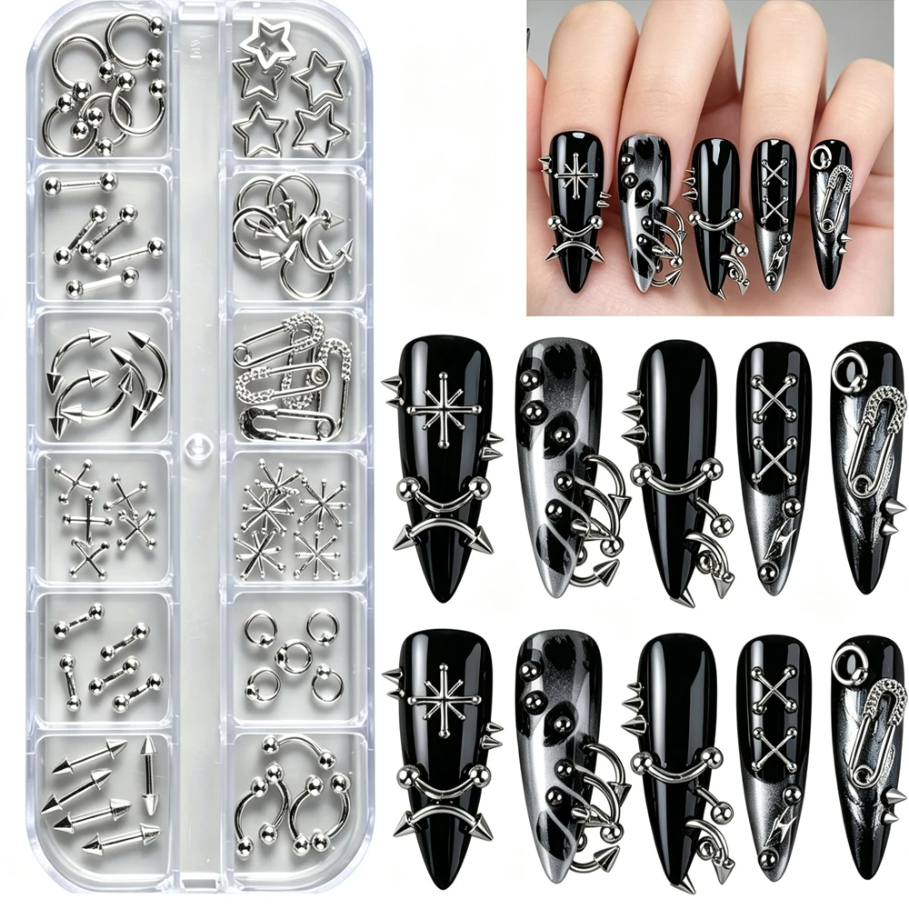 12Grids Y2K Mixed Punk Gothic Metal Nail Art Charms 3D Star Spike Cross Ring Arrow Silver Nail Studs Rivets Manicure Accessories
