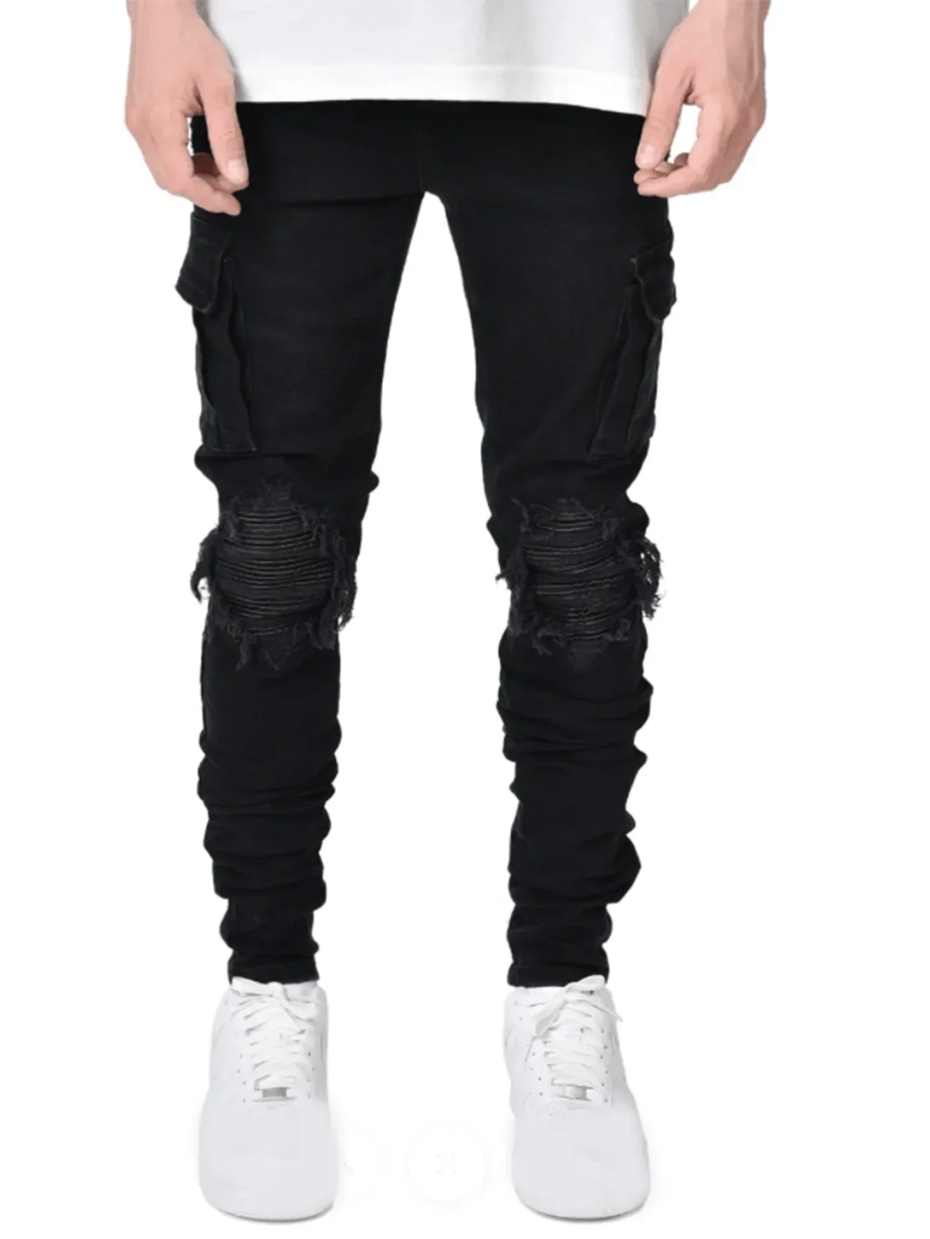 New Denim Mens Pants with Holes Trendy Black Slim Fit Denim Small Leg Jeans for Men