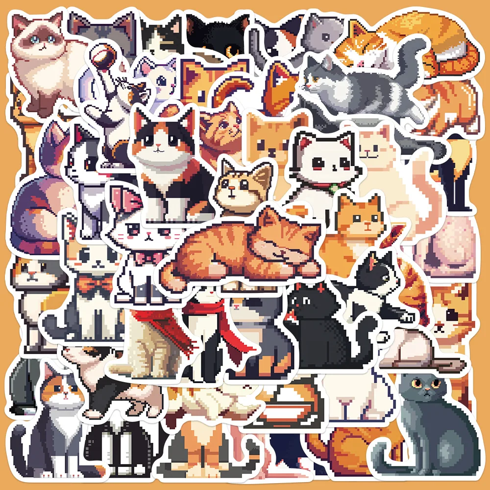 Desenhos animados Pixel Cat Adesivos, Decalques de Vinil para Garrafa De Água, Laptop, Bagagem, Notebook, Impermeável, Graffiti Adesivo, Brinquedo, Bonito, 10 Pcs, 50Pcs