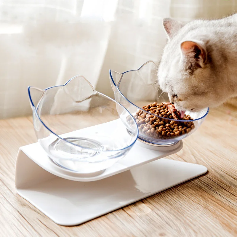 Cat Food Bowl Elevated with Stand, Non-slip 15° Tilted Cat Feeding Bowls for Water and Food, Neck protect Raised Cat Bowls