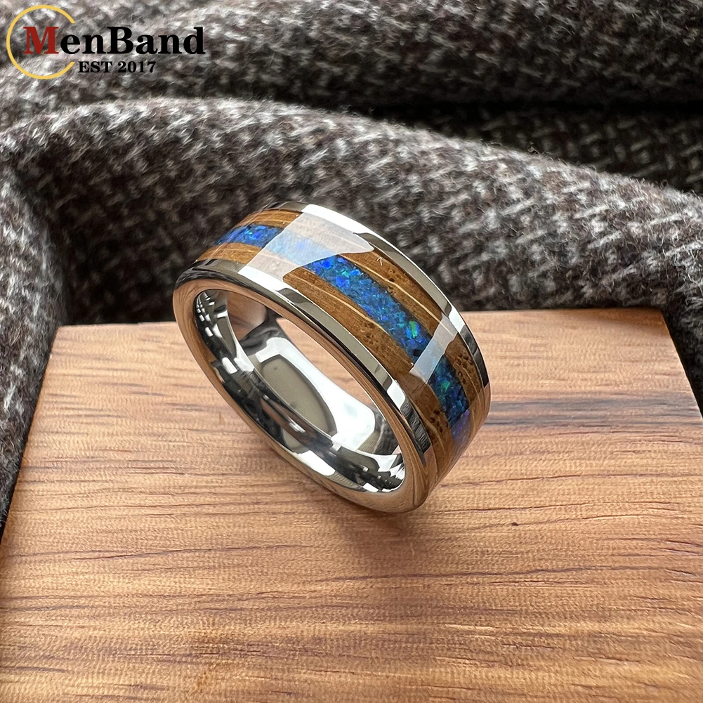 MenBand 8mm Blue Opal Whisky Barrel Wood Inlay Gold Tungsten Ring for Men Women Fasion Wedding Band Comfort Fit