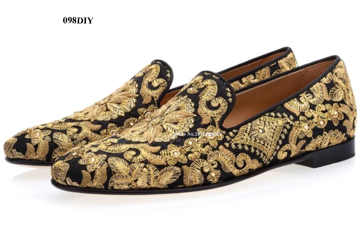 Hand Embroidered Loafers Casual Stud Crystal Gold Embroidery Shoes Comfort Men Floral Flats Casual Shoes Zapatillas Chaussure