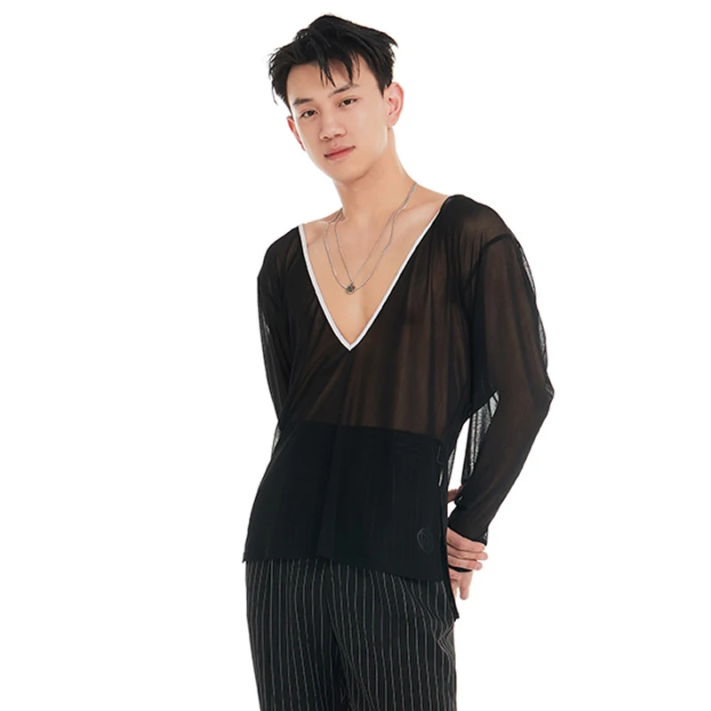 

Мужские черные топы для латинских танцев с v-образным вырезом, мужские топы с длинными рукавами для бальных танцев, одежда для взрослых, самба, чача, румба, одежда для латинских танцев SL12819