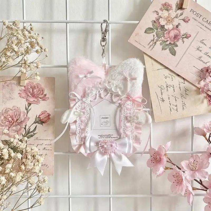 Cute Plush Lace Photocard Holder Bow Pendant Anime Style Photo Protector Case for Idol Cards Collection Bag Display