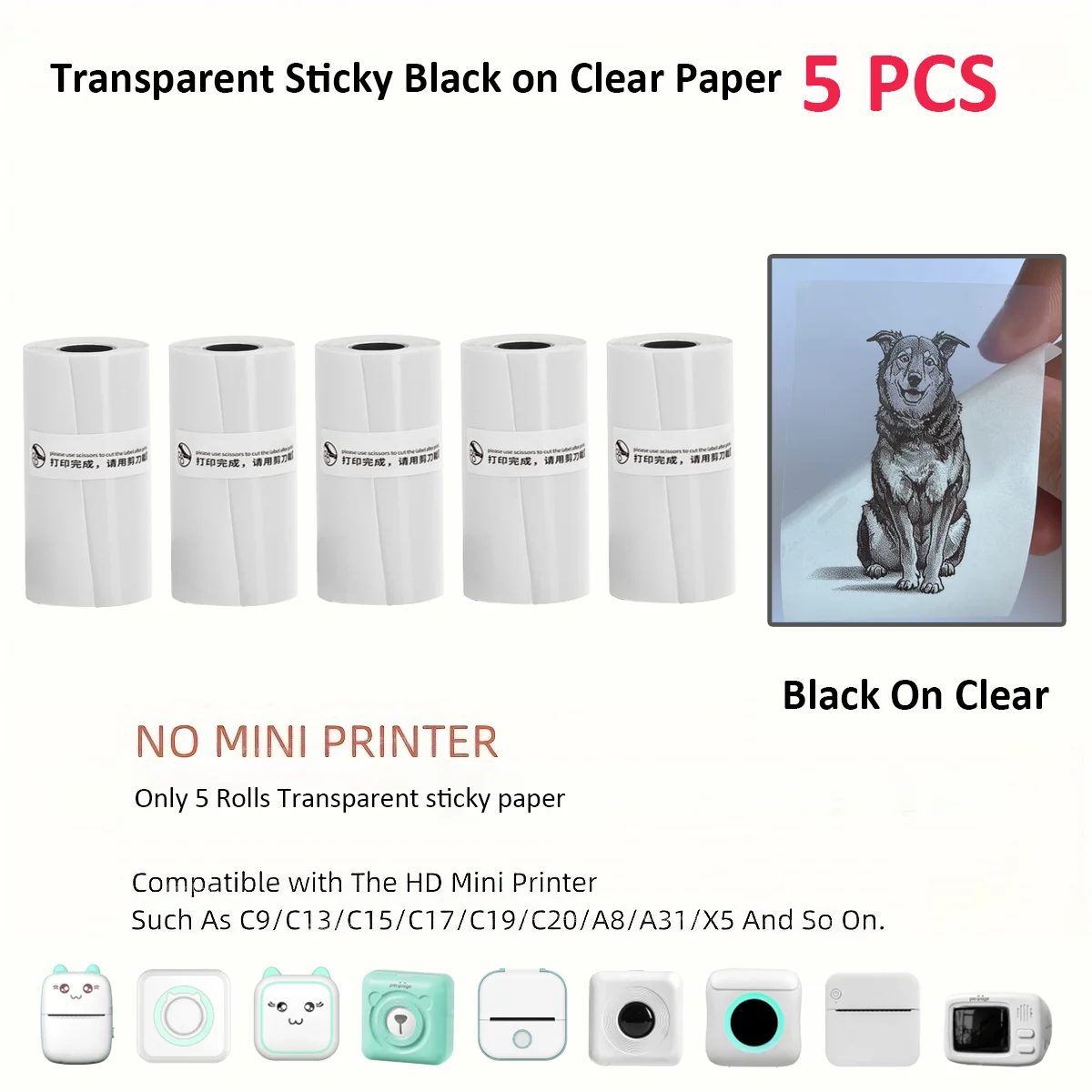 Transparent Adhesive Thermal Sticker Paper for M02/T02/M02s Sticky Photo Printer and 57mm Width Print Mini Pocket Printer Camera