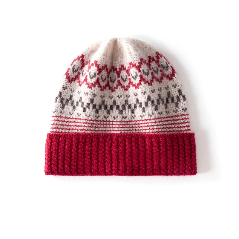 

100%Quality Cashmere Beanies For Women Warm Winter Hat Outdoor Casual Knitted Skull Cap Female Colorful Jacquard Ribbed Hats