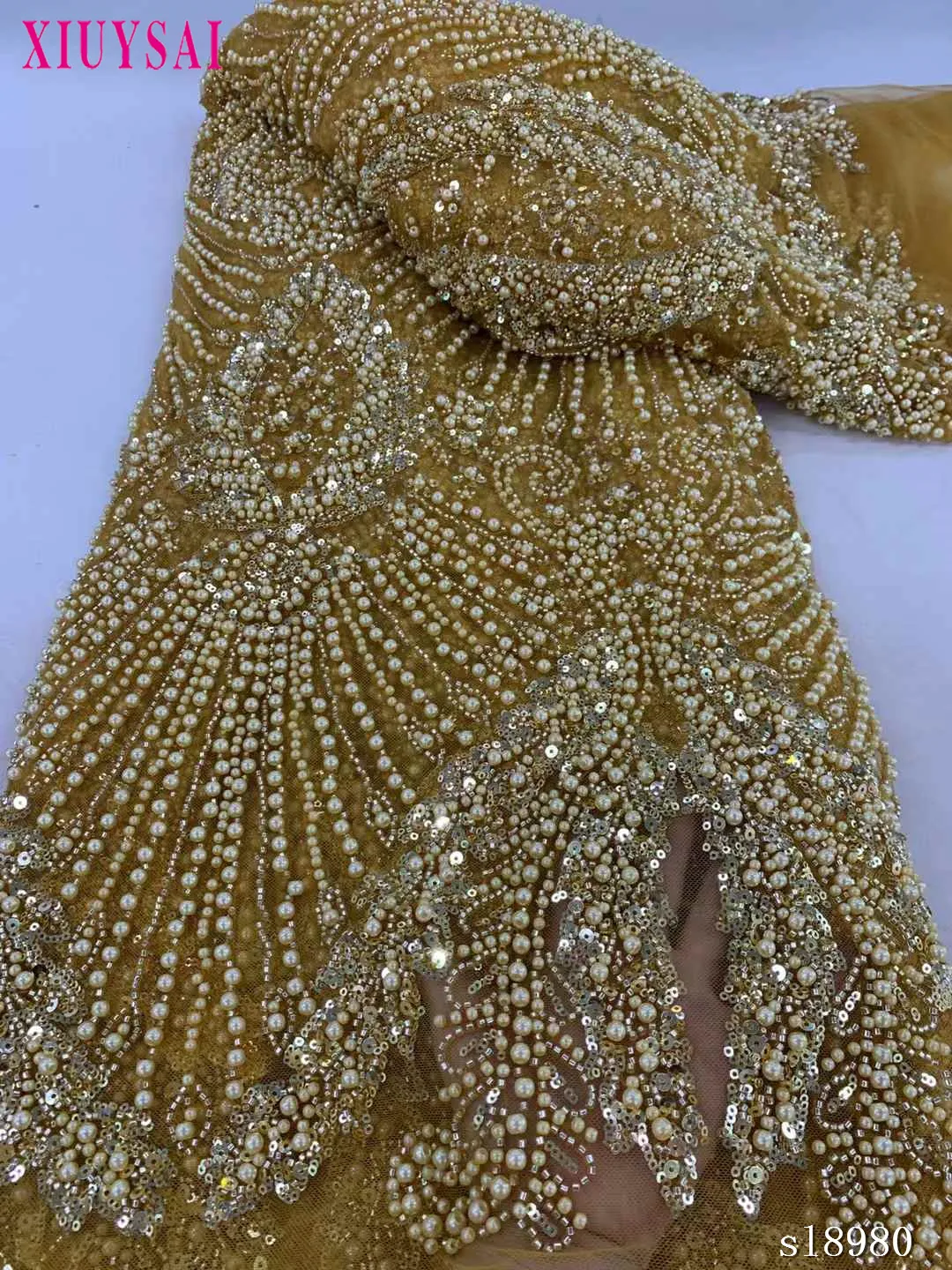5 Yards African Sequins Lace Fabric 2024 High Quality Lace Embroidery Beaded Mesh Fabric For Women Wedding Party Dress
