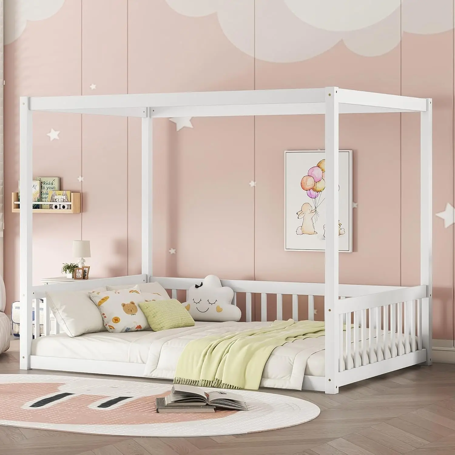 

Full Size Bed Frame with Guardrails for Kids,Floor Bed Full with Four Poster Design,Kids Montessori Floor Bed,Wood