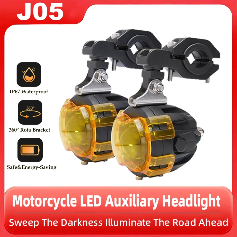 

J05 Motorcycle LED Auxiliary Headlight Wireless Switch Yellow Lens 360° Rota Bracket Waterproof Low/High Beam Flashing Beam