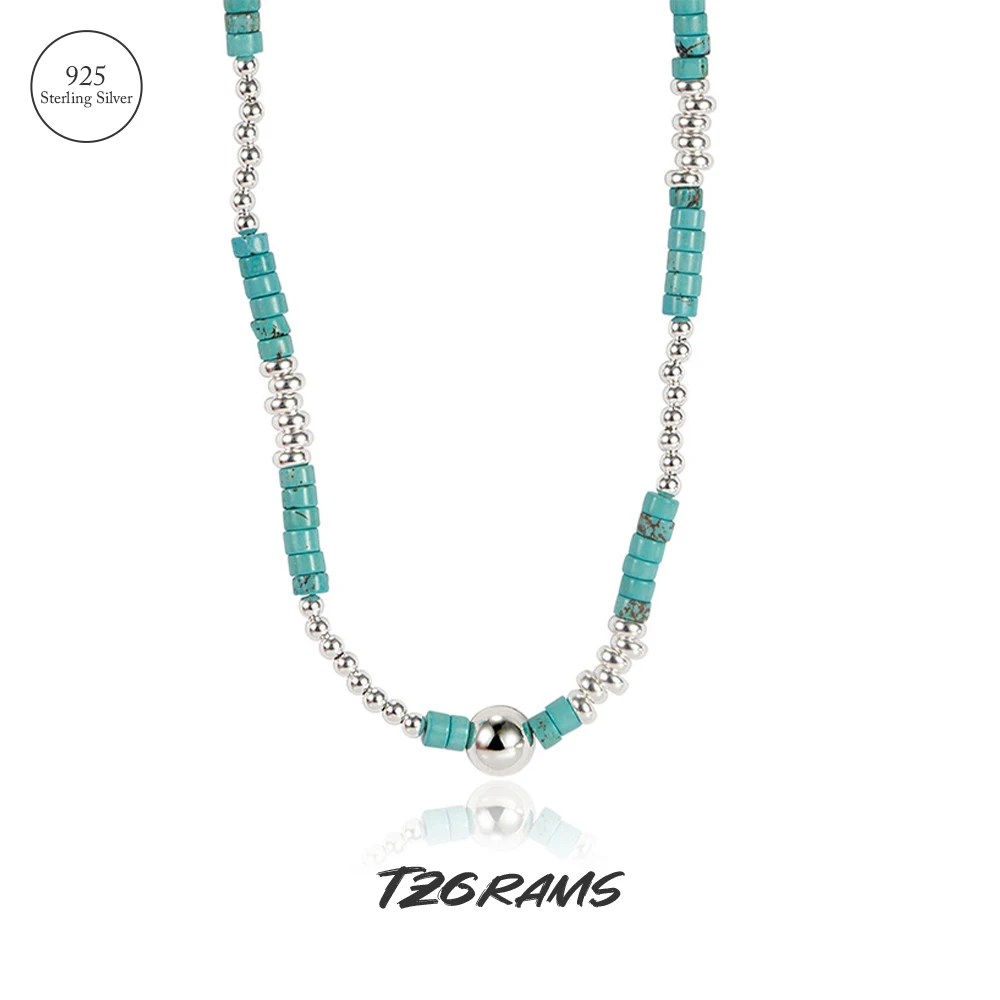 TZgrams 925 Sterling Silver Turquoise Bead Choker Chain For Women Splicing Beaded Necklace Original Aesthetic Handmade Jewelry