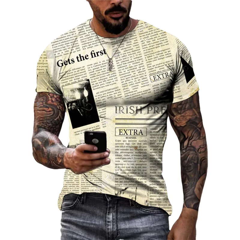 New Creative Design Retro Old Newspapers graphic t shirts Summer Fashion Men Vintage harajuku streetwear 3D Printing O-neck Tees