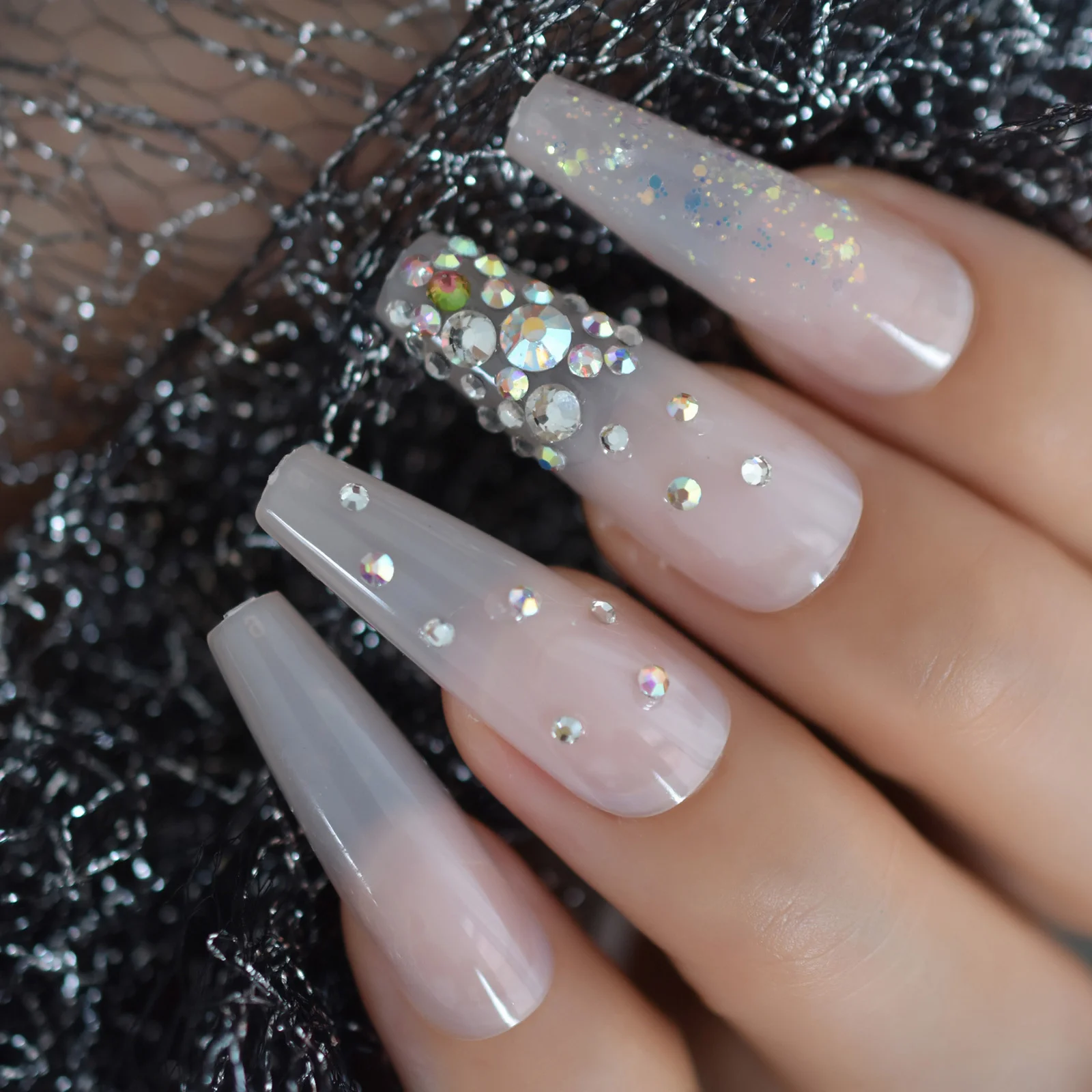 Super Lange 3D Kristallen Edelstenen Druk op Nagels Glanzende Glitter Jelly Roze Naakt Franse Ballerina Doodskist Valse Fake Finger Wear UV Nagels