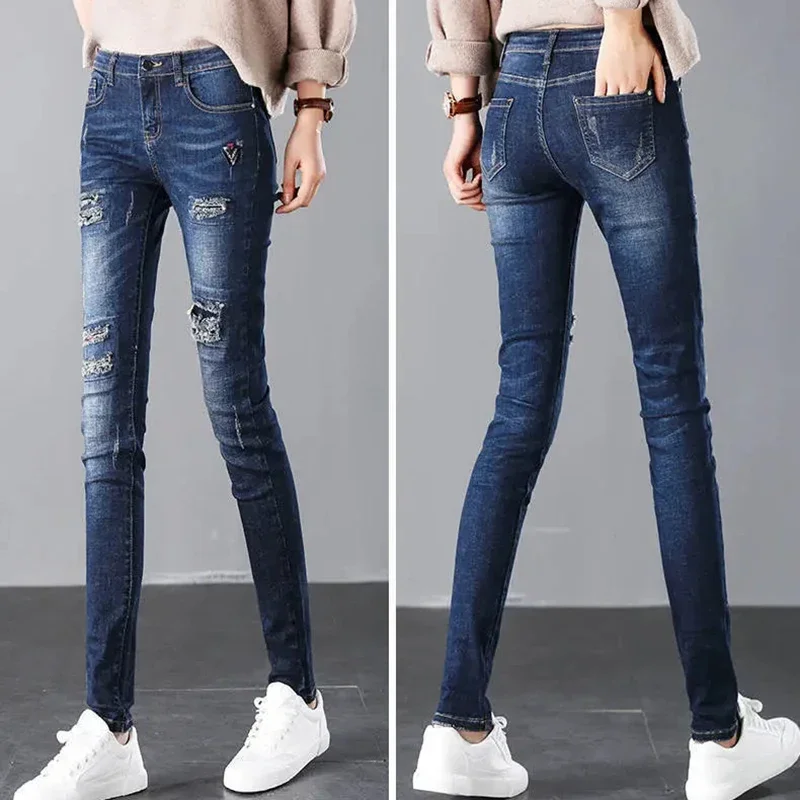 Design Ripped Hole Pencil Jeans Women Streetweear Skinny Mid Waist Denim Pant New Casual Vintage Stretch Vaqueros Korean Jeansy