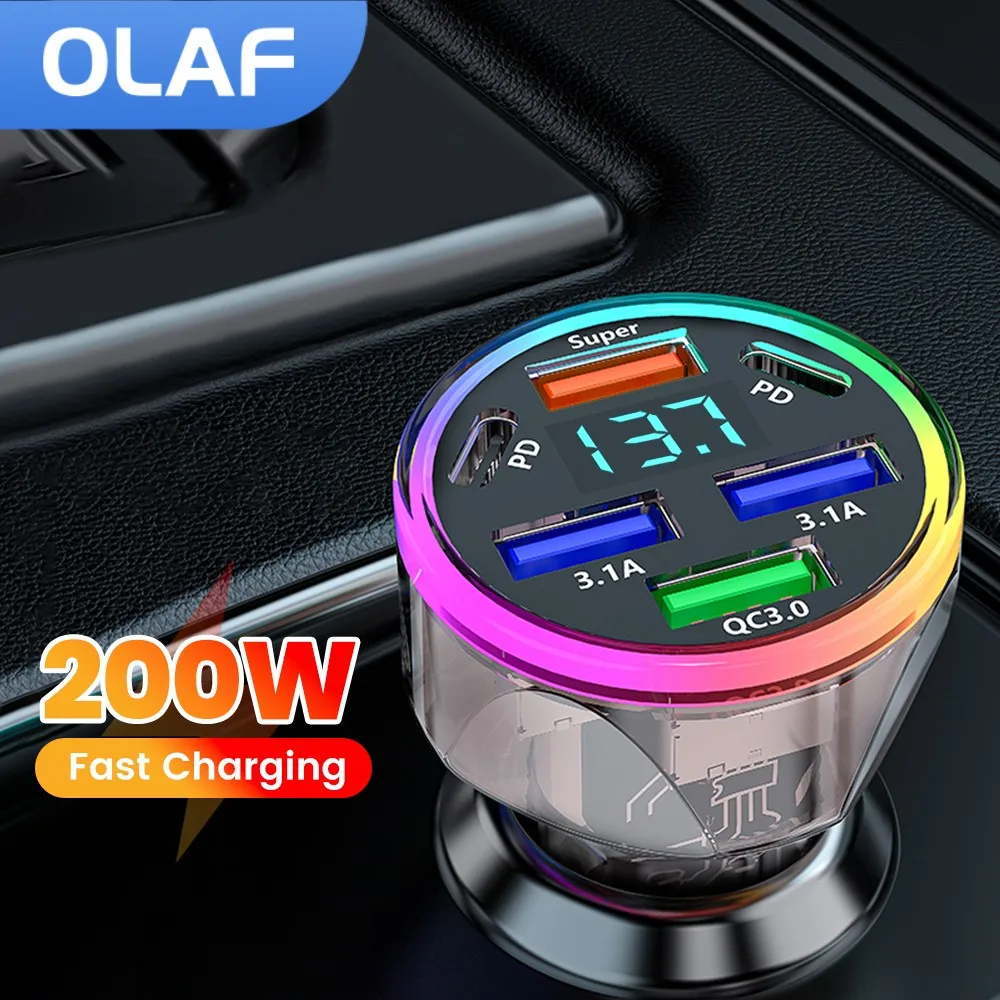 Olaf 6 Port 200W شاحن سيارة شحن سريع شاشة ديجيتال USB C شاحن سيارة USB نوع C محول آيفون سامسونج هواوي Xiaomi #1