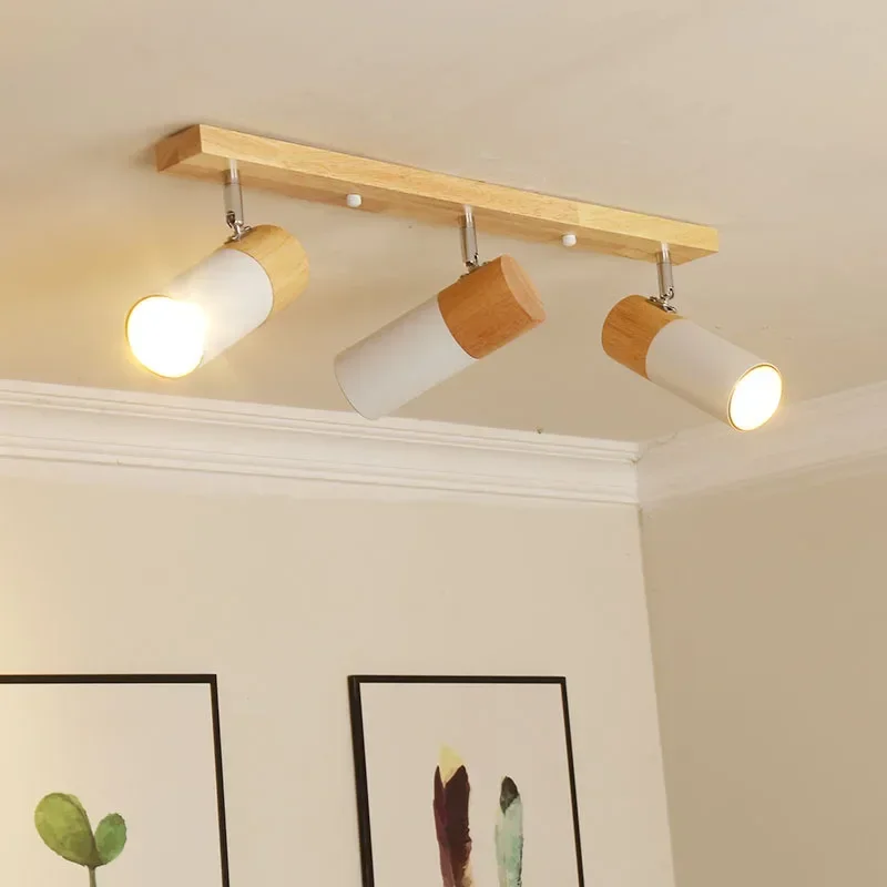 Nordic Wooden LED Ceiling Lamp Single Rotatable Head Spotlight for Living Bedroom Dining Area Lighting