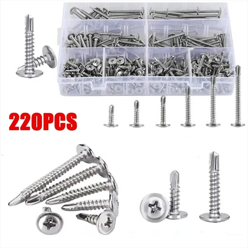 

220pcs Stainless Steel Self Drilling Screws Cross Round Head with Pad Self-Tapping Sheet Metal Screws Drill Tail Dovetail Screw