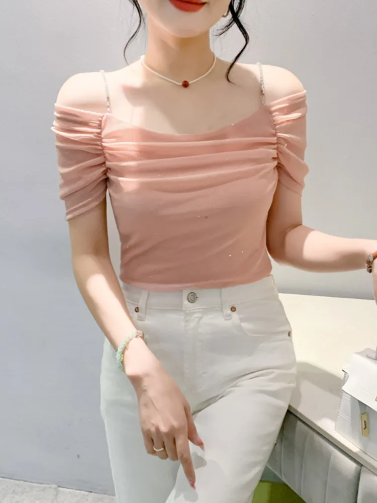 #8201 Black Pink Green Off Shoulder T Shirt Women Sexy Skinny Short Party Mesh T Shirt Femme Short Sleeve Folds Tee Shirt Summer