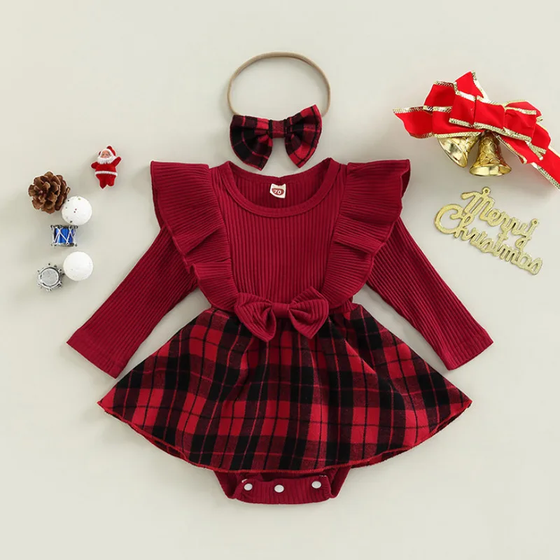 Infant Baby Girls Romper Dress Plaid Round Neck Ruffles Long Sleeve Bowknot Skirt Hem Jumpsuits with Headband