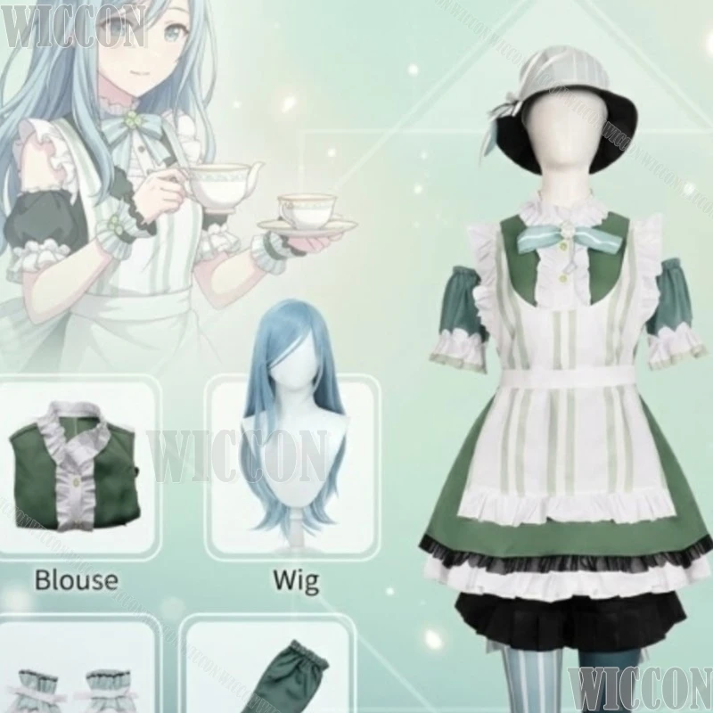 Disfraz de Kiritani Haruka del Juego Project Sekai Wl2, Delantal Verde a Rayas, Sombrero de Sirvienta Kawaii, Vestido de Encaje, Peluca, Halloween, Navidad, Carnaval