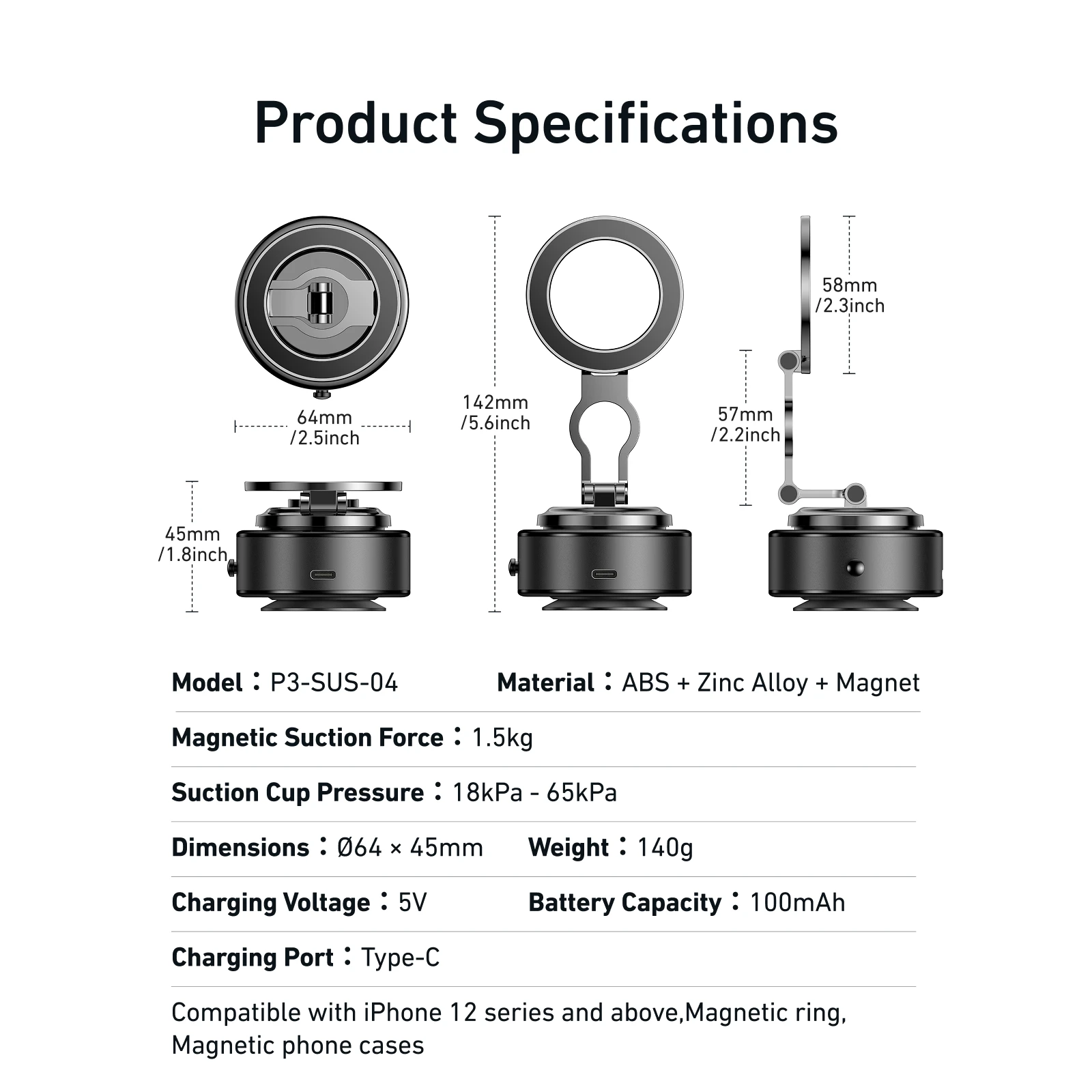 TELESIN Magnetyczny elektryczny uchwyt samochodowy na telefon z przyssawką 360 °   Regulowany stojak samochodowy do telefonu komórkowego Iphone Android Phone