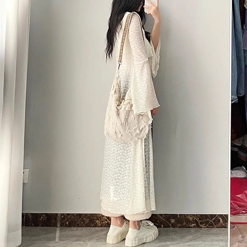 2026 Summer New Lace Oversized Cardigan Girl V-neck Up All-match Shirts Mid-length Long Sleeve Tops Women Korean Fashion Clothes
