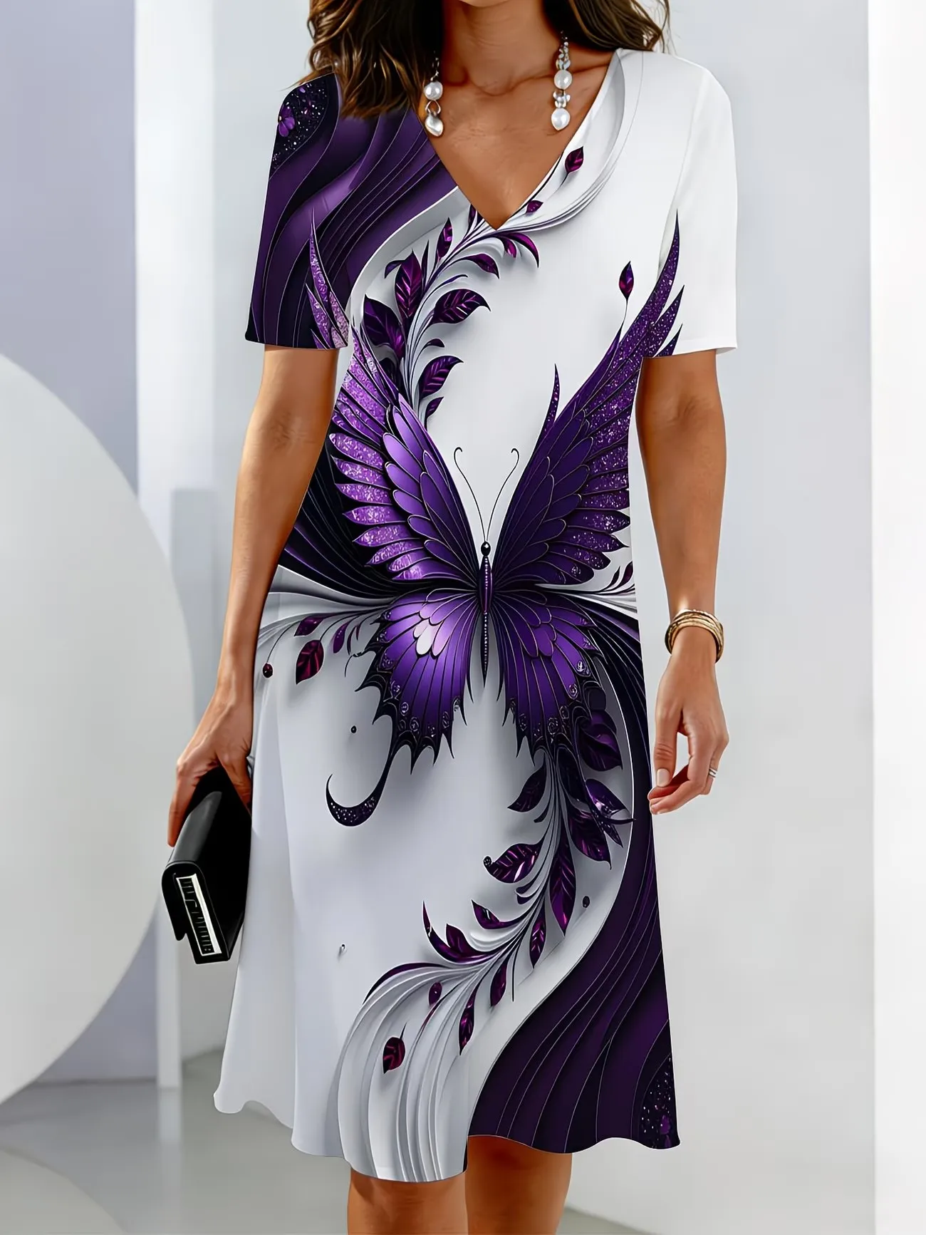 Ladies Summer V-Neck Short Sleeve Casual Print Dress 3D Floral Pattern Elegant Retro Dress