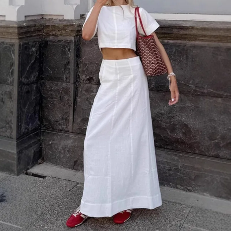 

Women'S Set 2 Pieces White Cotton And Lined Simple Suits Vintage Mori Girl Short Tops T Shirt Solid A-Line Skirt Normcore Summer