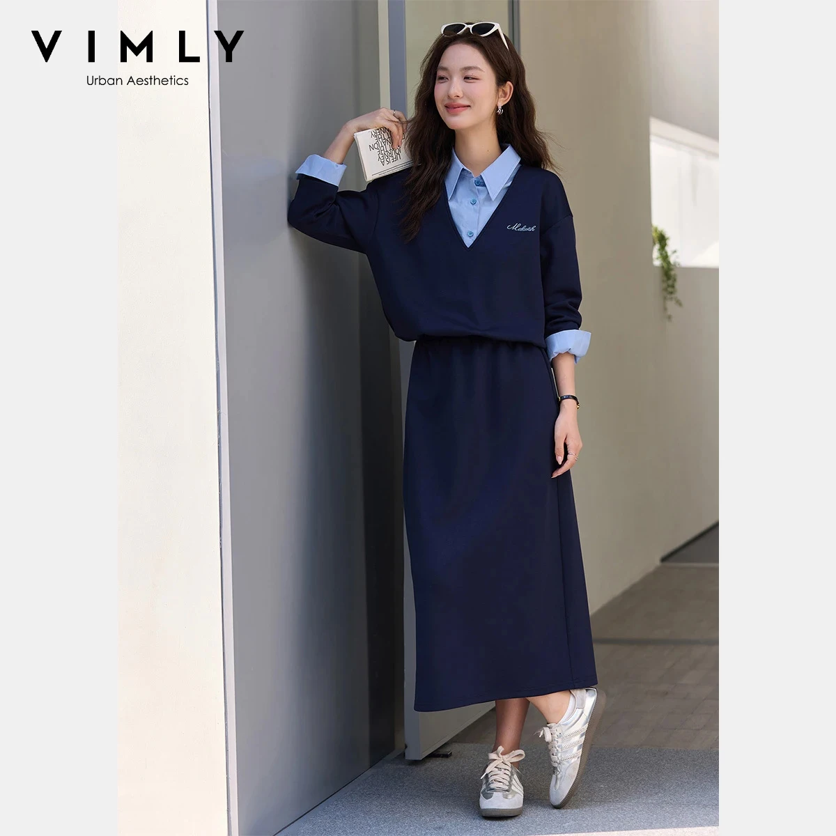 

VIMLY Women's Office 2 Piece Set 2026 Spring New Fake Two-Piece Color Block Sweatshirt Slid Midi Skirt Casual Loose Set 30715