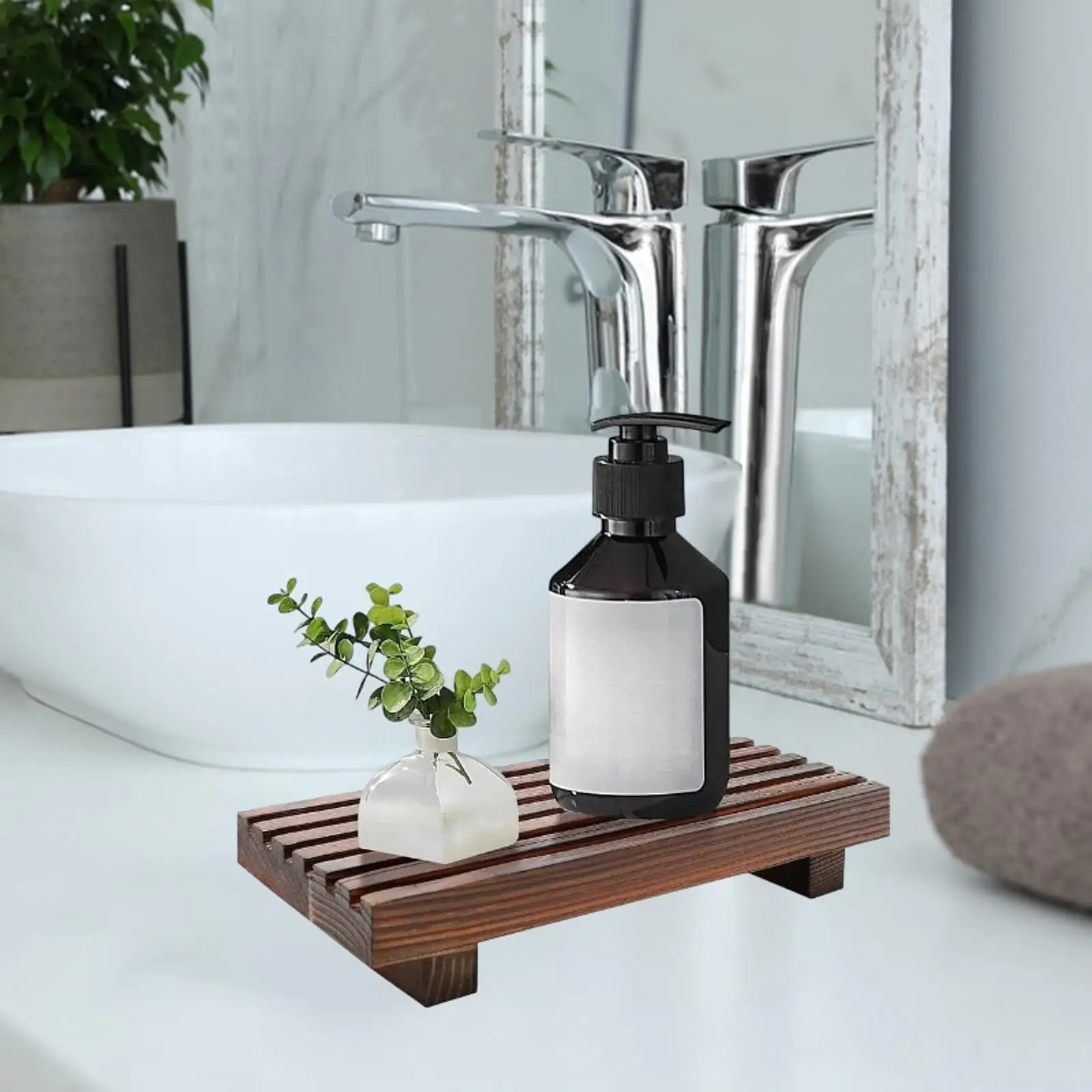 Rustic Wood Pedestal Stand Waterproof Decorative Riser Tray Compact Soap Holder for Kitchen Sink or Bathroom