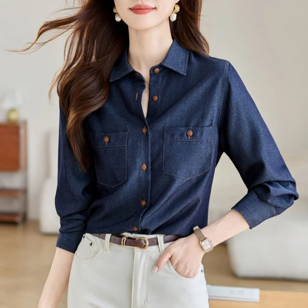 

Осенние джинсовые рубашки с длинным рукавом, женские свободные джинсовые топы в стиле ретро, винтажный стиль