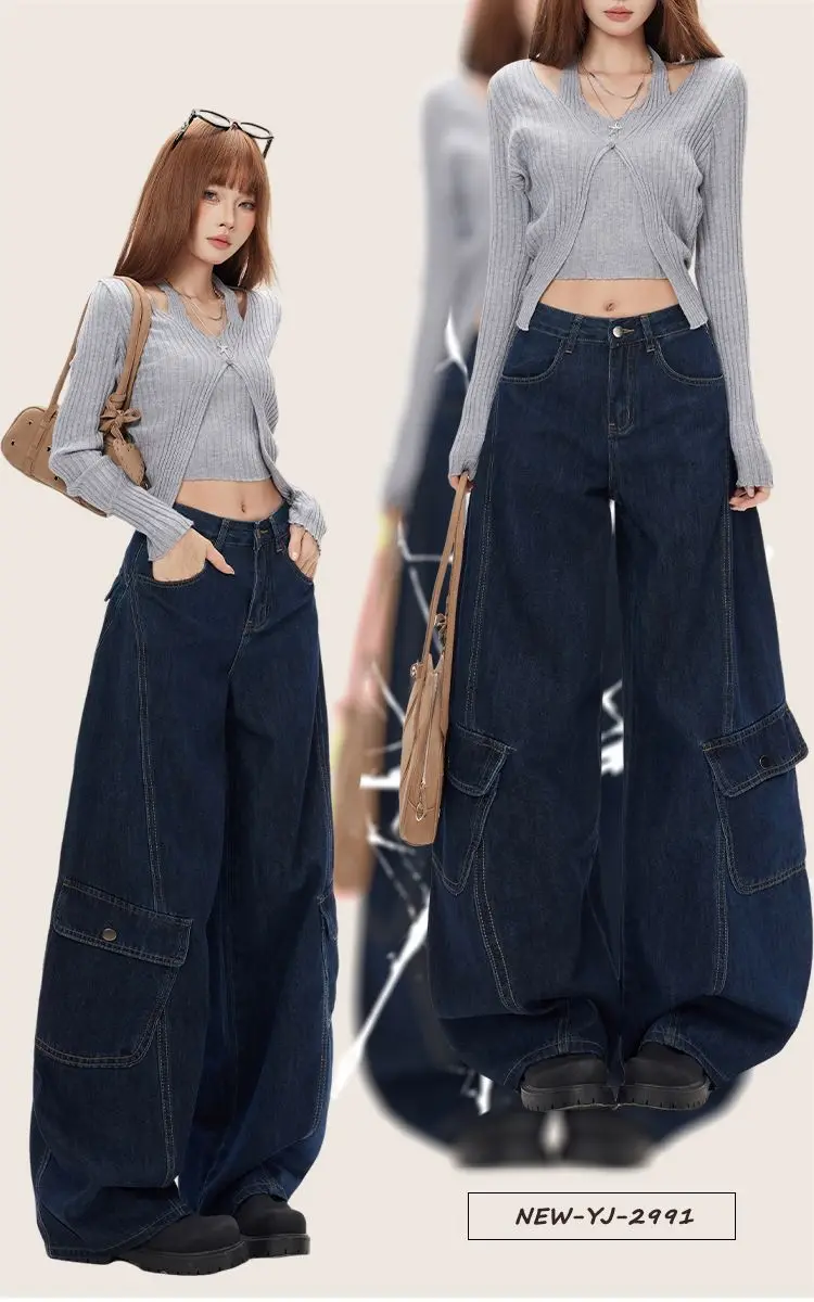 

American Camouflage Loose Workwear Knife Denim Pants Women's New Multi-Pocket Slimming Wide Leg Pants Casual Loose Jeans