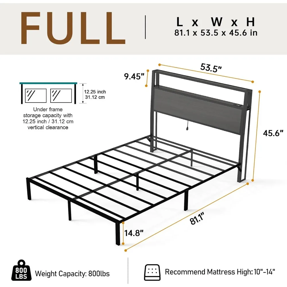 إطار سرير كامل الحجم مع لوح رأسي، إطار سرير بمنصة معدنية مع أضواء LED ومحطة شحن، تخزين تحت السرير، صلب وSt #2