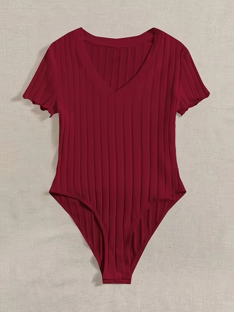 Chic Ribbed Knit Bodysuit for Women | V-Neck Short Sleeve Top | Various Colors Available for Summer Casual