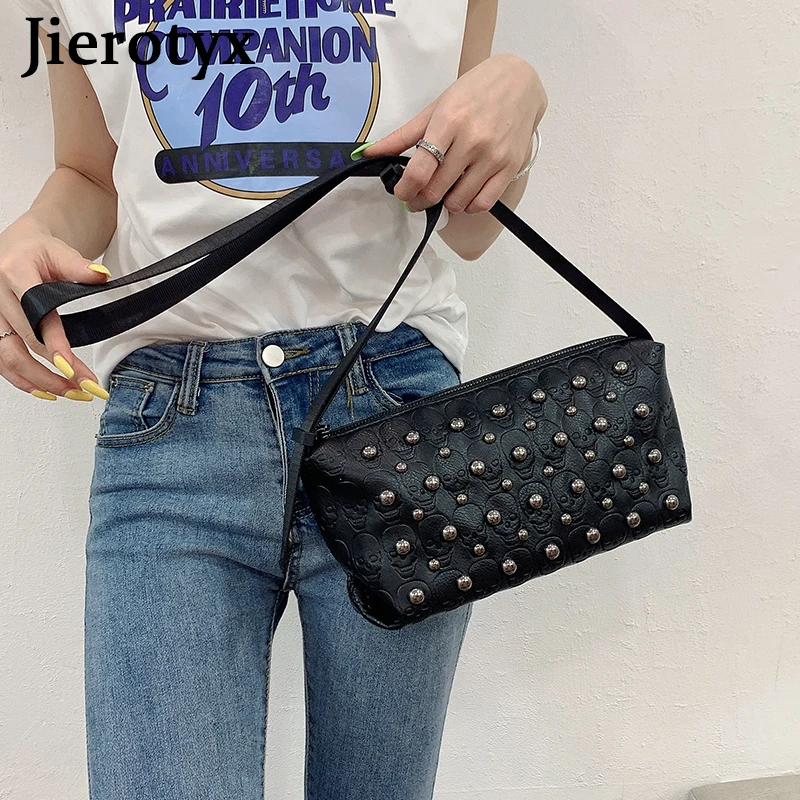 JIEROTYX Punk Rivet Skull Crossbody Bag for Women Vintage Embossing Designer Clutches Leather Handbags Female Great Quality