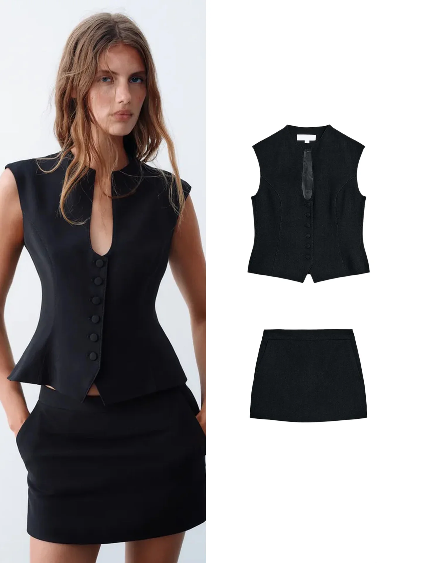 Women's Fashion Short Sleeveless round V-neck Single Button Vest with Side Zipper Pocket Autumn Set Two-Piece Zipper Dress
