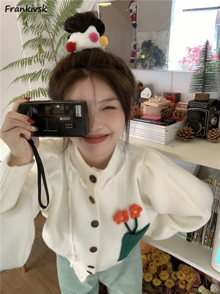 3D Floral Cardigan Women Sweet Korean Style Harajuku Cute All-match Hipster Knitwear Simple Fashion Popular Long Sleeve Autumn