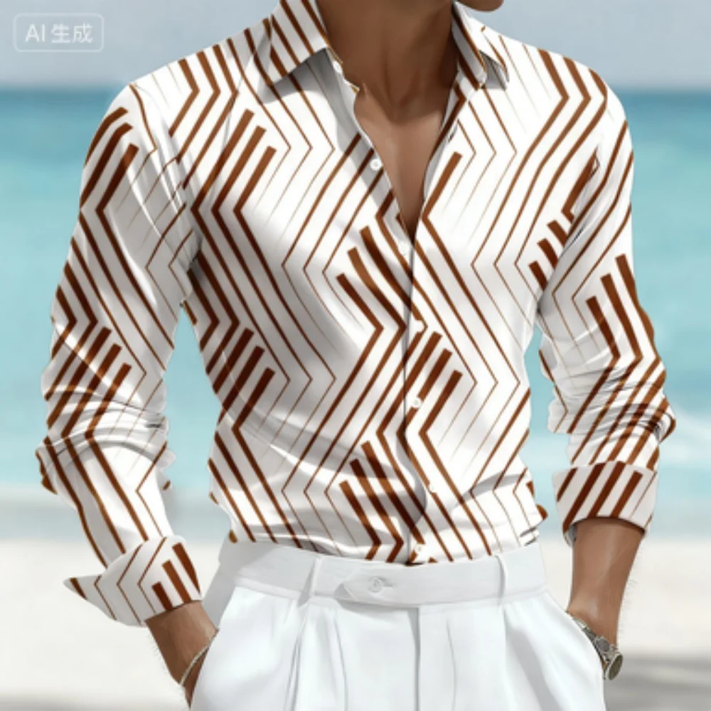 قميص رجالي مخطط هندسي بأكمام طويلة وطية صدر السترة كاجوال لقضاء عطلة شاطئ هاواي مصمم عصري قماش عالي الجودة