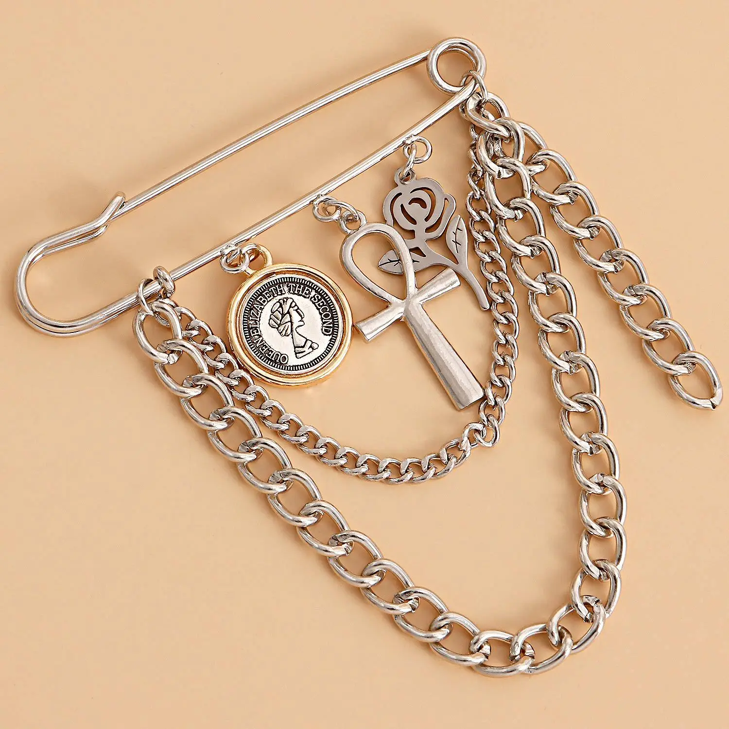 Baroque Safety Pin With Pearl Tassel Chain Relief Portrait Charm Brooches for Women Vintage Elegant Accessories Gifts for Her