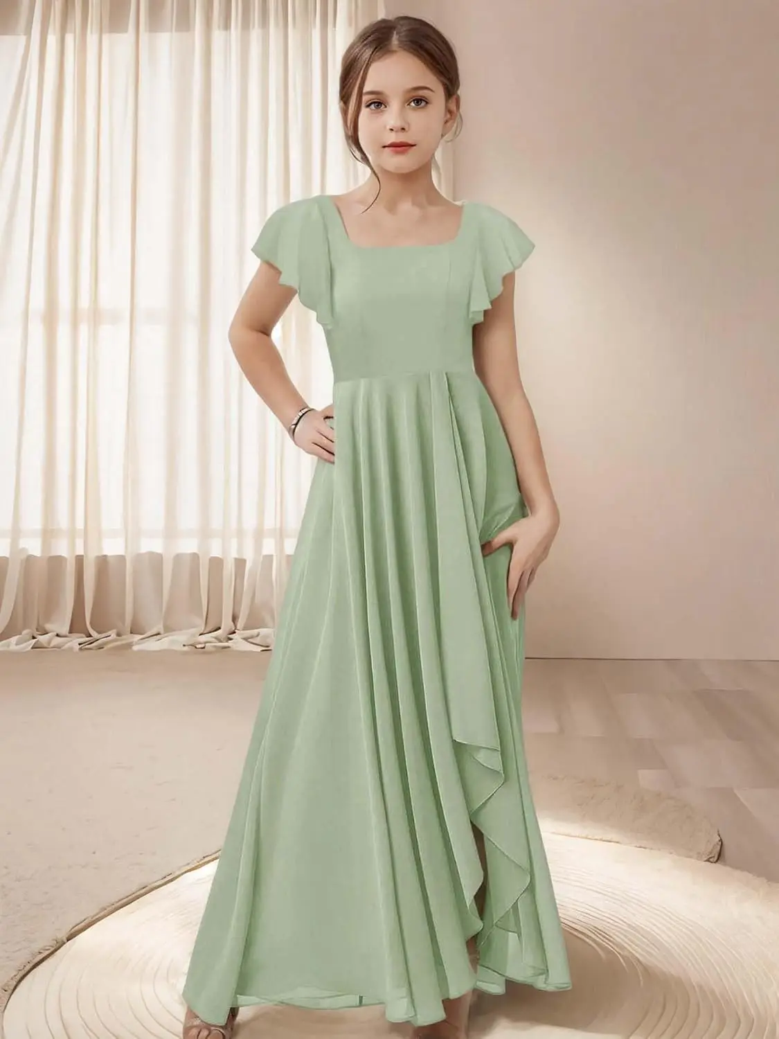 주니어 신부 들러리 A라인 드레스 슬릿 짧은 소매 스퀘어 넥 시폰 플라워 걸 파티 드레스 소녀용