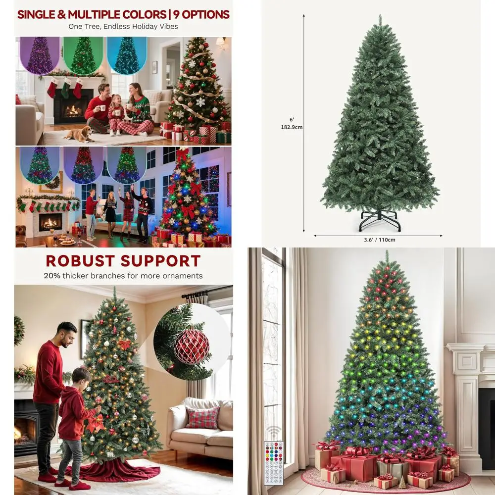 Árbol de Navidad artificial RGB iluminado de 6 pies, 300 luces, controlado inteligente, puntas gruesas, soporte de metal, listado por UL para el hogar y la oficina