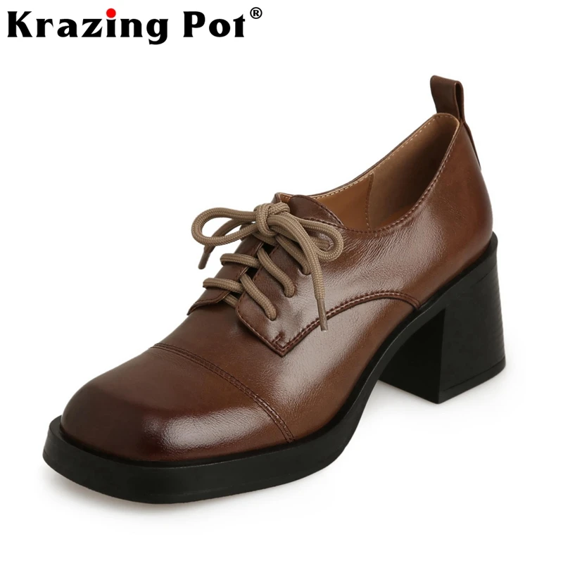 

Krazing Pot 2023 Full Grain Leather Round Toe Thick High Heels Spring Shoes Preppy Style Western Daily Wear Lace-up Brand Pumps