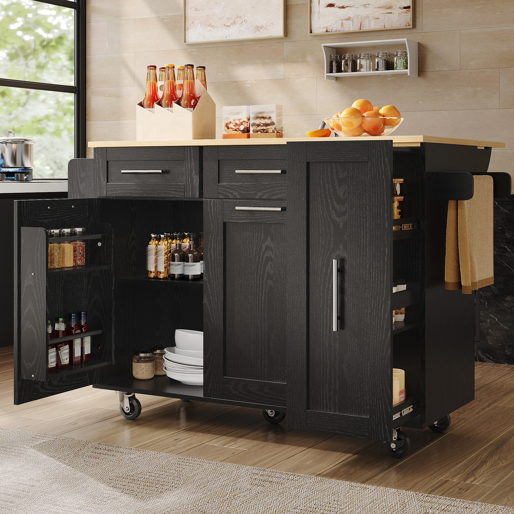 Chariot de cuisine moderne avec plateau en MDF à motif bois, buffet multifonctionnel avec rangement, chariot de service extensible avec étagères à snacks et armoires extensibles, table à manger pliable, roulettes verrouillables, noir.