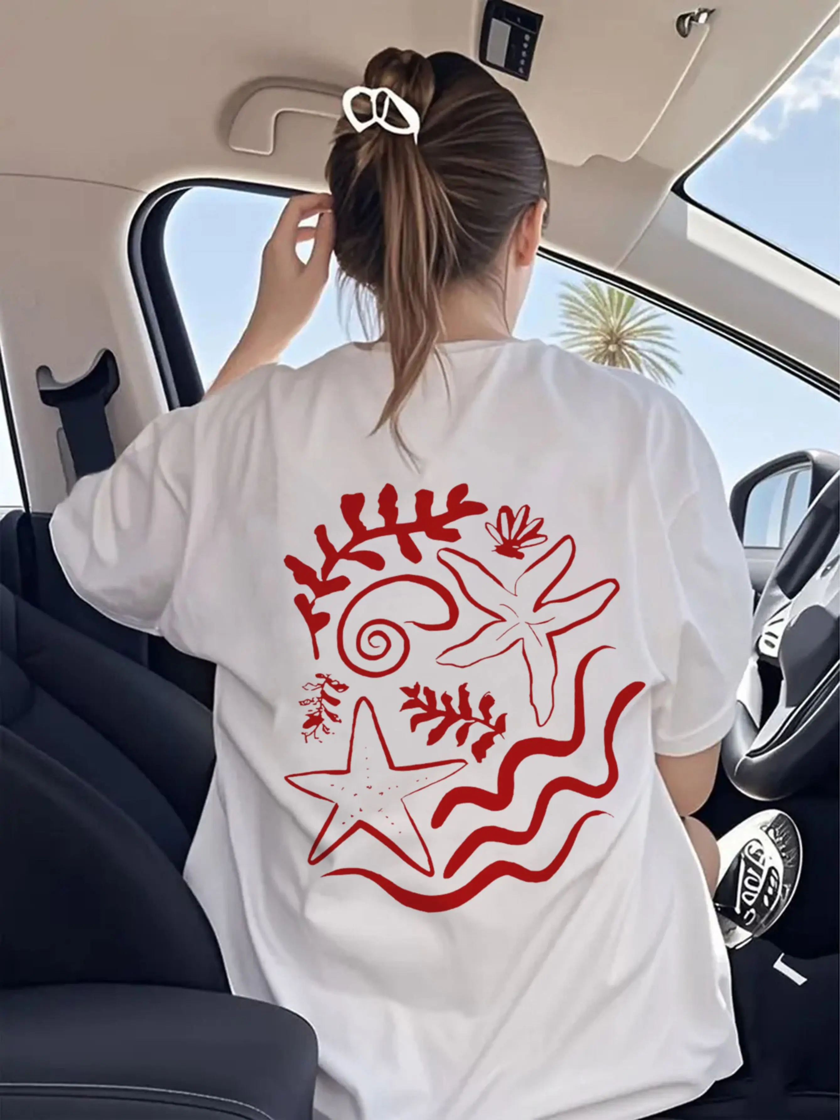 This Is A Sleeved Women Made From Pure Featuring with Red Starfish and Coral Wave Print It'S Breathable Perfect Daily Beach