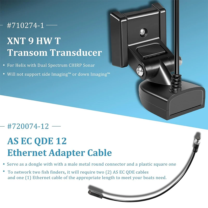 710274-1 XNT 9 HW T Transom Transducer with Dual Spectrum Chirp & 720074-12 AS EC QDE 12 Ethernet Adapter Cable for Helix 7/8/9