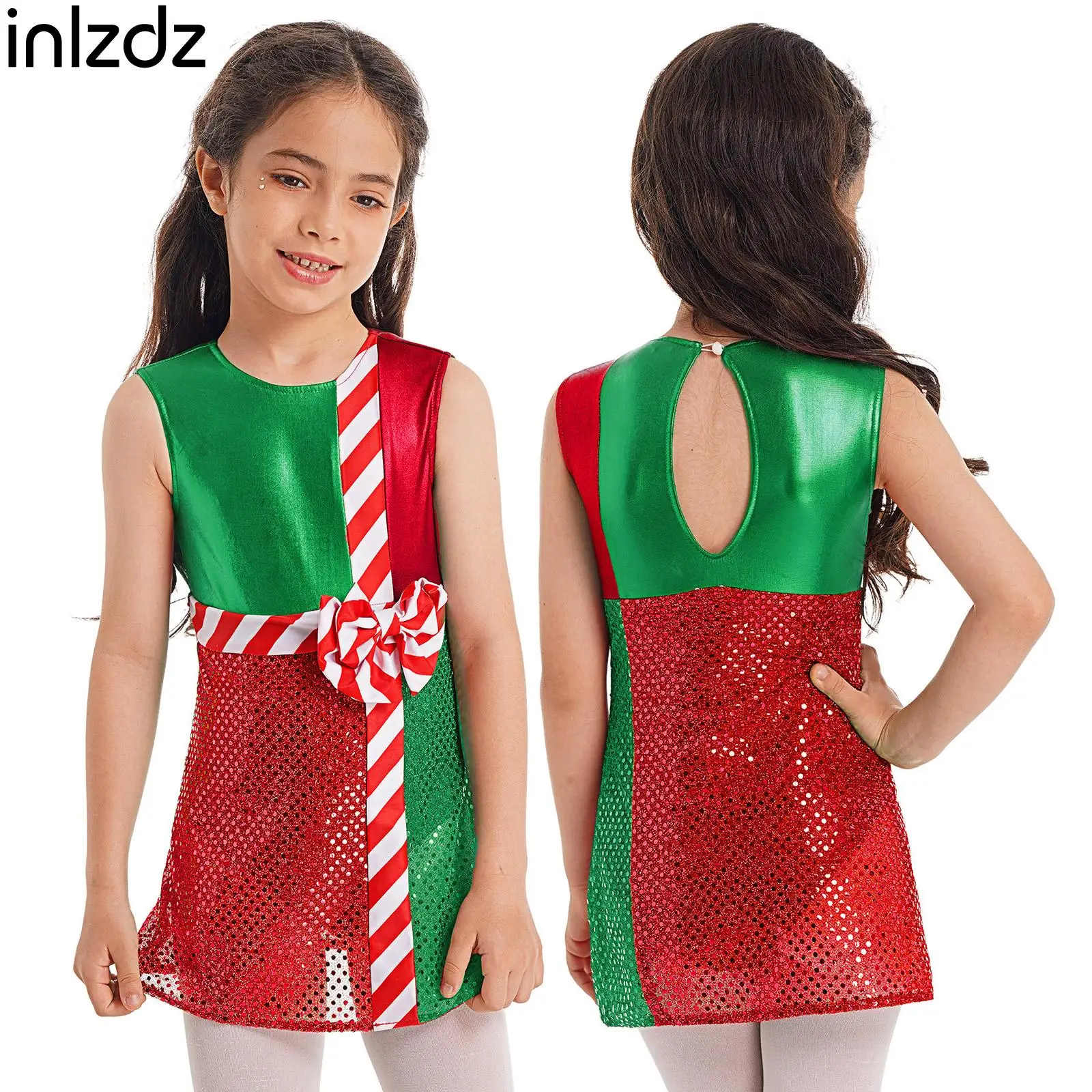 

2024 New Kids Girls Christmas Cosplay Dress Striped Color Block Dress Up Sleeveless Shiny Layer Skirt Jumpsuit Stage Costumes