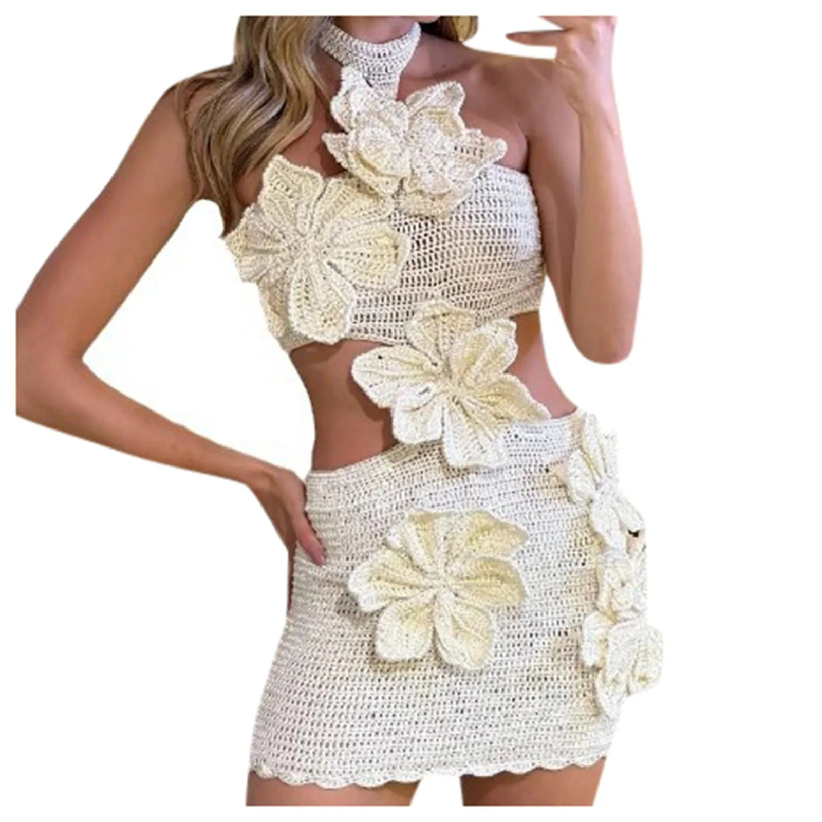 Sexy Knitted 3d Flower Halter Dress Women Beach White Hollow Out Sleeveless Long Dresses Female 2024 Summer Fashion Lady Robe