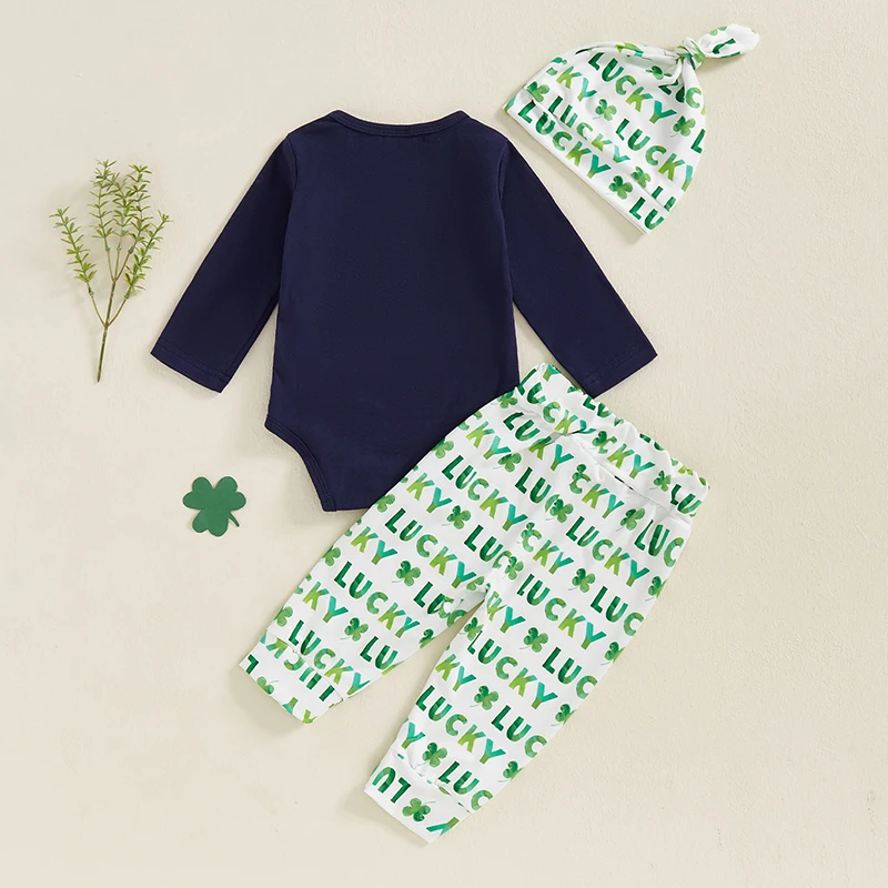 Conjunto de ropa de 3 piezas con estampado de trébol y letras de Irlanda para bebés y niños, peleles de manga larga con cuello redondo, pantalones largos y sombrero